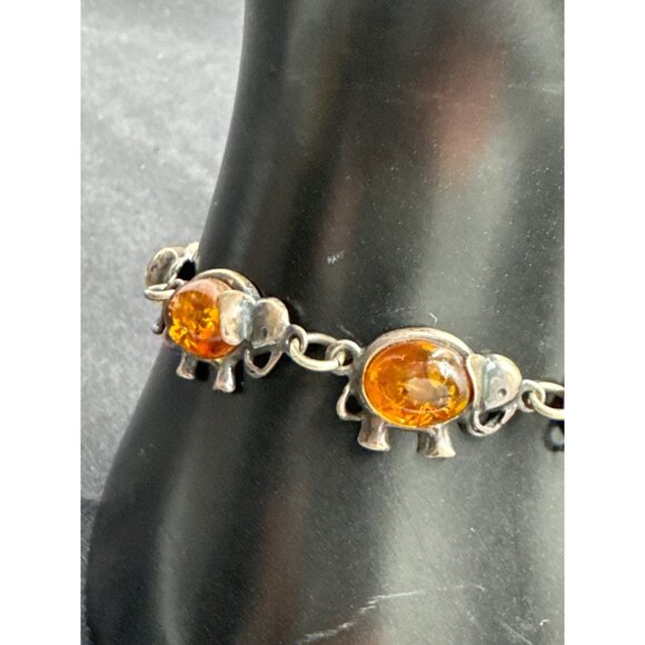 Baltic Honey Amber Lucky Elephant Sterling Silver 7" Bracelet - Picture 2 of 9